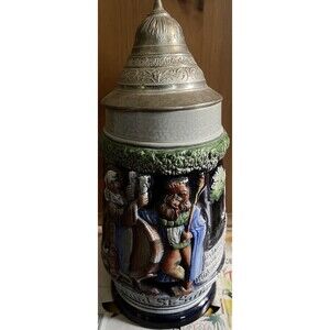 Original King German Pewter Lidded Beer Stein “Gumbrinus Und St. Salvator” 9in
